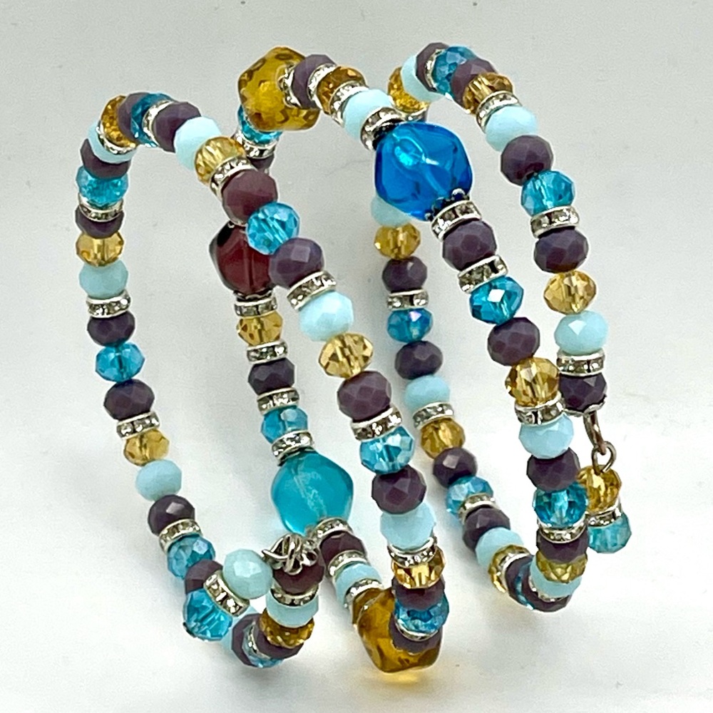 Bead Wrap Memory Wire Bracelet Larimar Turquoise Amethyst Citrine Glass